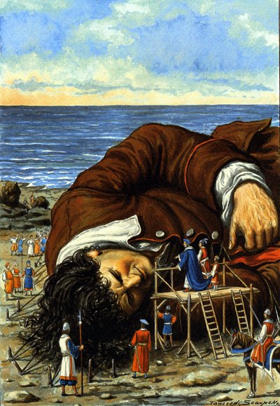Illustrasjon til historien Gulliver#39;s Journey av Jonathan Swift (1667–1745). Innbyggerne i Lilliput binder opp kjempen Gulliver. Tegning av Tancredi Scarpelli, 1900-tallet. av Tancredi Scarpelli