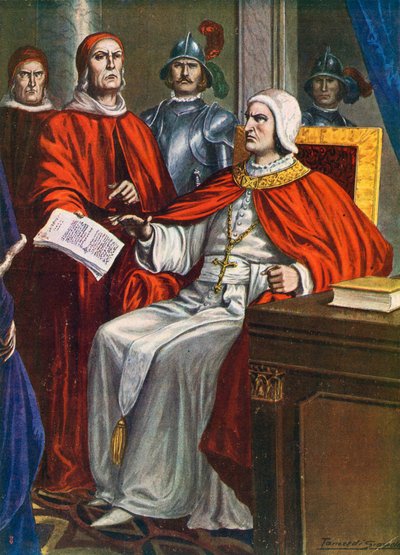 Pave Clemens VI gir biskopen av Ferrara i oppdrag å stille et ultimatum til Viscontis, 1351 av Tancredi Scarpelli