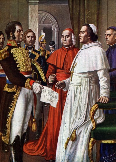 Pave Pius VII, fange ved slottet i Fontainebleau, samtykket i å undertegne, 25.01.1813, Concordat of Fontainebleau (1813), hvorved han abdiserte sin timelige suverenitet, en del av sin åndelige autoritet (pave Pius VII innesperret i Frankrike). i slottet av Tancredi Scarpelli