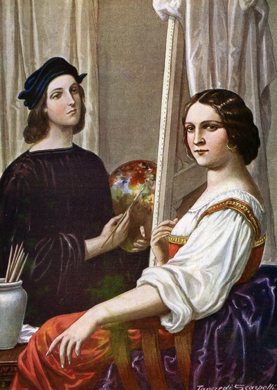 Portrett av maleren Raphael (Raffaello Sanzio 1483 - 1520) som maler Fornarina (den italienske maleren Raphael og den unge damen kalt Fornarina) Illustrasjon av Tancredi Scarpelli (1866-1937) fra "Storia d