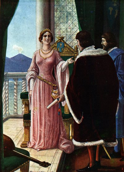 Dronning Joanna II av Napoli (Giovanna di Napoli eller Anjou Durazzo) (1373-1435) utpeker sin adoptivsønn Louis III av Anjou (1403-1434) Illustrasjon av Tancredi Scarpelli (1866-1937) fra "" Sto av Tancredi Scarpelli