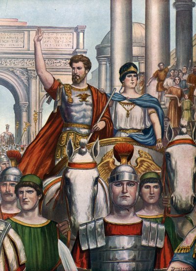 Romersk antikvitet: Keiser Septimius Severus (145-211) vender tilbake til Roma med sin kone Julia Domna (170-217) i 193 e.Kr.» (romersk keiser Septimius Severus og hans kone Julia Domna på vei inn i Roma av Tancredi Scarpelli