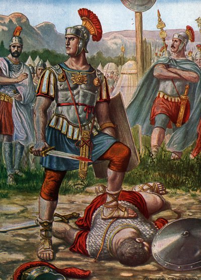 Romersk antikk: representasjon av konsul Titus Manlius Imperiosus Torquatus som beseiret en gallisk i 361 f.Kr. - (Titus Manlius Torquatus kjempet mot en gallisk kriger som utfordret den romerske hæren og dreper ham, 361 f.Kr.) Illustrasjon av Tancredi Sca av Tancredi Scarpelli