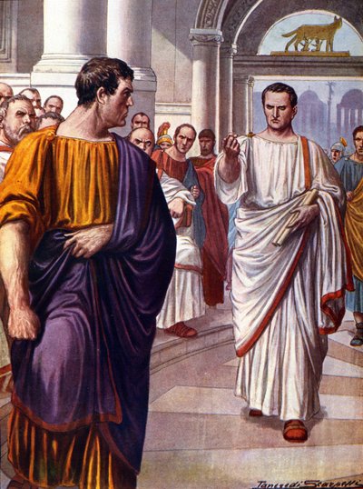 Den romerske statsmannen Ciceron (Marcus Tullius Cicero) (106-43 f.Kr.) krysser konspiratoren Catilina (Lucius Sergius Catilina) (108-62 f.Kr.), som han fordømmer i 63 f.Kr. under catilinaries taler. Illustrasjon av Tancredi Scarpelli (1866-1937) av Tancredi Scarpelli