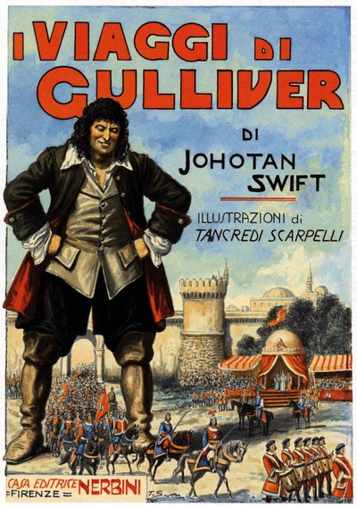 Gullivers reise - omslag til en av utgavene av Jonathan Swift (1667 - 1745). Editions Nerbini, Firenze, Italia (trykk) av Tancredi Scarpelli