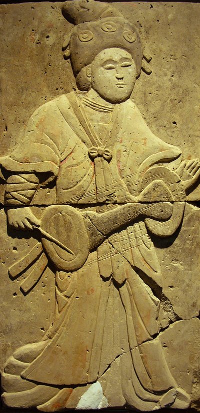 Terracotta stele med musiker, Tang-dynastiet av Tang Dynasty Chinese School