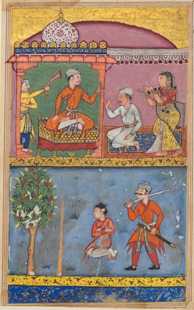 Side fra Tales of a Parrot Tuti-nama: Åttende natt: Tjenerinnen appellerer..., ca. 1560. av Tara Chand