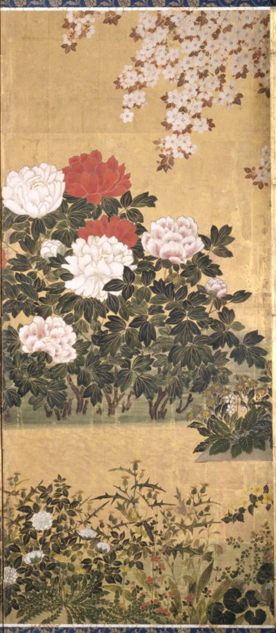 Blomster og sommerfugler (blekk, farge og bladgull på papir) av Tawaraya Sotatsu