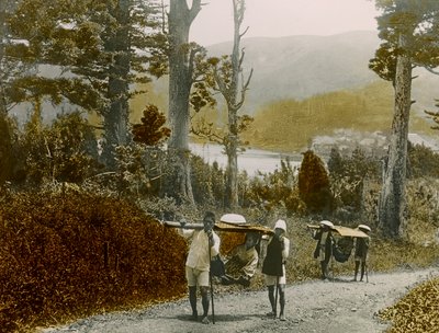 Japansk jente i Kago, Hakone-regionen, cirka 1900–1915 (fotografi) av Teijiro Takagi