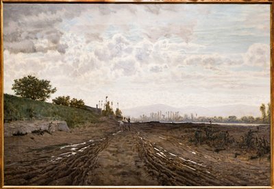 En morgen langs elven Arno. Sandgravere langs Arno, ca. 1868 (olje på lerret) av Telemaco Signorini