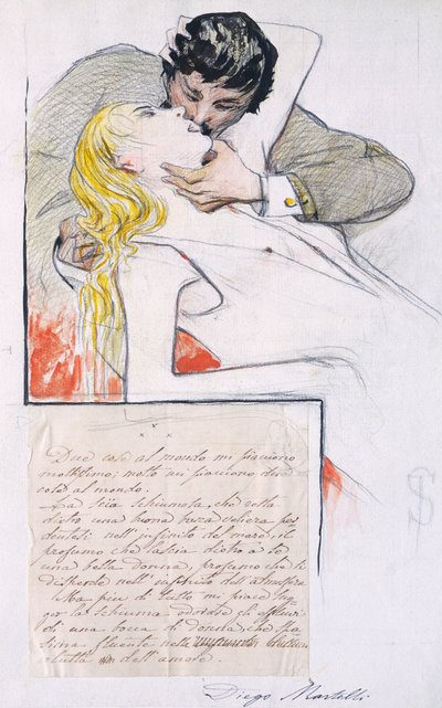 Kysset, av Telemaco Signorini (1835-1901) (tegning) av Telemaco Signorini