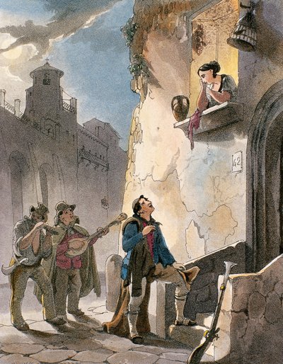 Serenade, illustrasjon fra kostymer og populære scener i Napoli av Achille Vianelli, ca. 1830 (akvatint) av Teodoro Guglielmo Witting