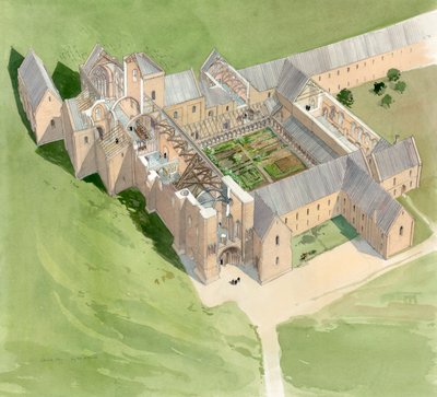 Luftfoto av Lilleshall Abbey, rundt slutten av 1400-tallet, c1990-2010 av Terry Ball