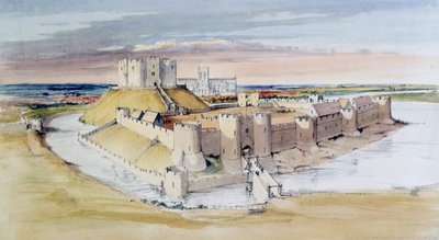 Illustrasjon av York Castle, North Yorkshire, slik det kan ha vært på slutten av 1200-tallet, 1985 av Terry Ball