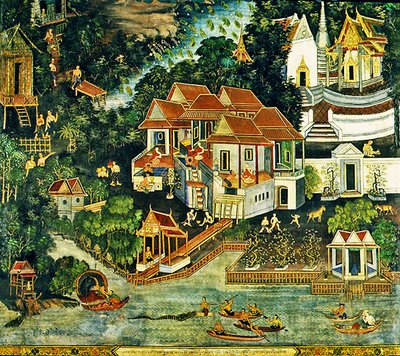 Krokodillejakt, Wirharn Sasada, Wat Bowonniwet Vihara, Bangkok (fresco) av Thai School