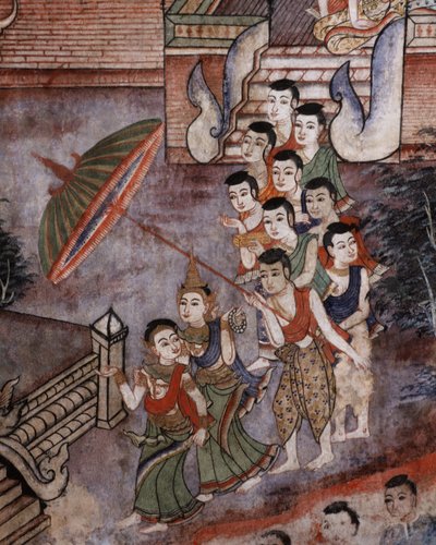 Detalj fra et veggmaleri ved Wat Phra Singh av Thai School
