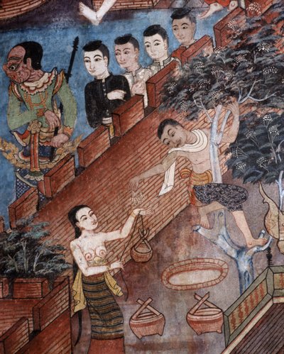 Detalj fra et veggmaleri i Viharn laikam ved Wat Phra Singh av Thai School