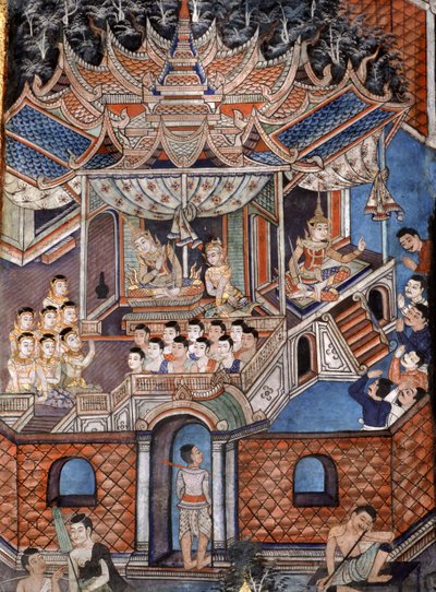 Detalj av veggmaleriene til Viharn laikam som skildrer Sang Thong Tales (veggmaleri) av Thai School