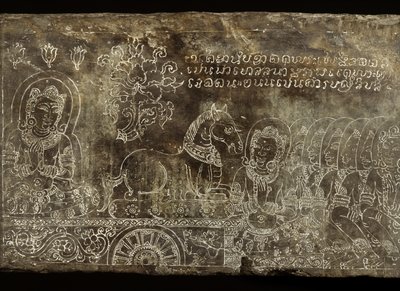 Gravert steinpanel som viser Bhojajania Jataka Tale, fra Wat Si Chum, Sukhothai, 1300-1400-tallet av Thai School