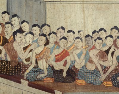 Gruppe kvinner med antrekk og beskåret hår typisk for 4. regjeringstid (veggmaleri) av Thai School