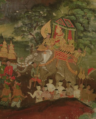 Kong Sanjaya på en elefant, Wat Suwannaram, Dhonburi, 1831 av Thai School