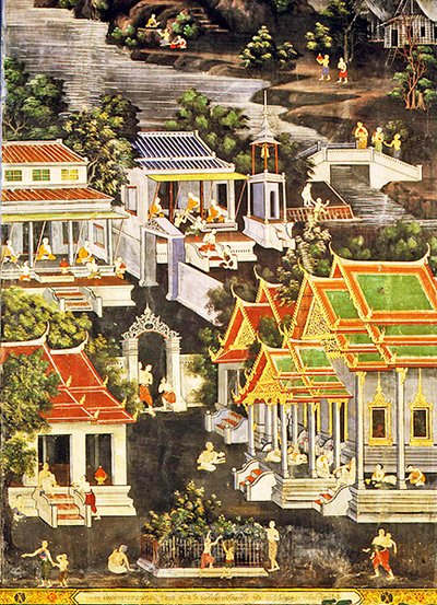 Life of the Monks, Wirharn Sasada, Wat Bowonniwet Vihara, Bangkok (fresco) av Thai School
