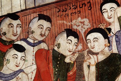 Elskere som røyker, detalj fra et veggmaleri på Wat Phumin (veggmaleri) av Thai School