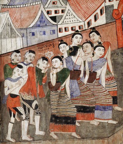 Elskere som røyker, detalj fra et veggmaleri på Wat Phumin (veggmaleri) av Thai School