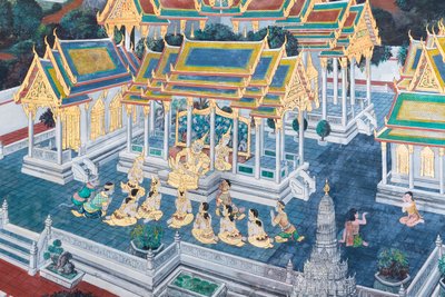 Veggmaleri som viser scener fra Ramayana ved Wat Phra Kaeo, Royal Grand Palace, Bangkok, Thailand av Thai School