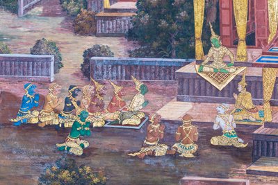 Veggmaleri som viser scener fra Ramayana ved Wat Phra Kaeo, Royal Grand Palace, Bangkok, Thailand av Thai School
