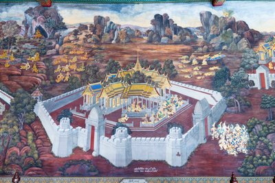 Veggmaleri som viser scener fra Ramayana ved Wat Phra Kaeo, Royal Grand Palace, Bangkok, Thailand av Thai School