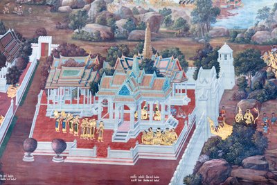 Veggmaleri som viser scener fra Ramayana ved Wat Phra Kaeo, Royal Grand Palace, Bangkok, Thailand av Thai School