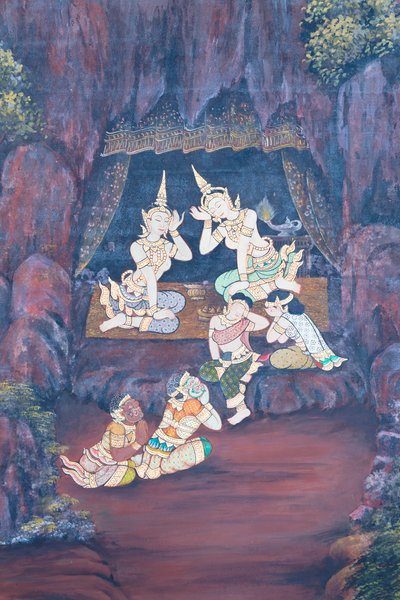 Veggmaleri som viser scener fra Ramayana ved Wat Phra Kaeo, Royal Grand Palace, Bangkok, Thailand av Thai School