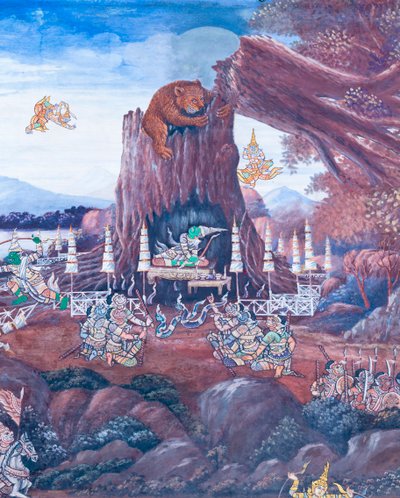 Veggmaleri som viser scener fra Ramayana ved Wat Phra Kaeo, Royal Grand Palace, Bangkok, Thailand av Thai School