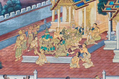 Veggmaleri som viser scener fra Ramayana ved Wat Phra Kaeo, Royal Grand Palace, Bangkok, Thailand av Thai School