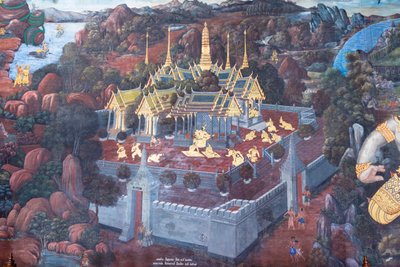 Veggmaleri som viser scener fra Ramayana ved Wat Phra Kaeo, Royal Grand Palace, Bangkok, Thailand av Thai School