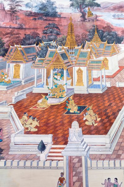Veggmaleri som viser scener fra Ramayana ved Wat Phra Kaeo, Royal Grand Palace, Bangkok, Thailand av Thai School