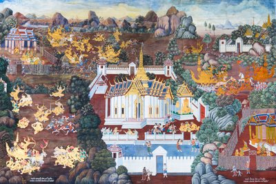 Veggmaleri som viser scener fra Ramayana ved Wat Phra Kaeo, Royal Grand Palace, Bangkok, Thailand av Thai School