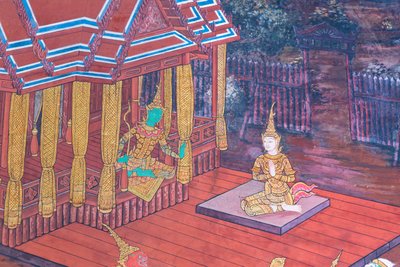 Veggmaleri som viser scener fra Ramayana ved Wat Phra Kaeo, Royal Grand Palace, Bangkok, Thailand av Thai School