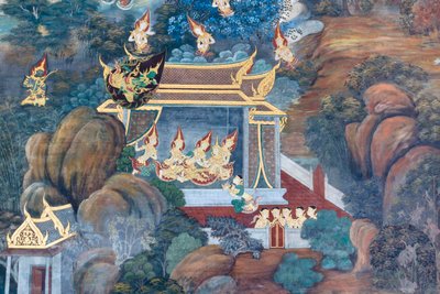 Veggmaleri som viser scener fra Ramayana ved Wat Phra Kaeo, Royal Grand Palace, Bangkok, Thailand av Thai School