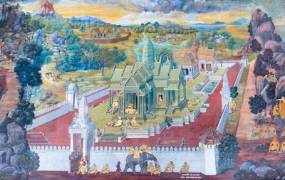 Veggmaleri som viser scener fra Ramayana ved Wat Phra Kaeo, Royal Grand Palace, Bangkok, Thailand av Thai School