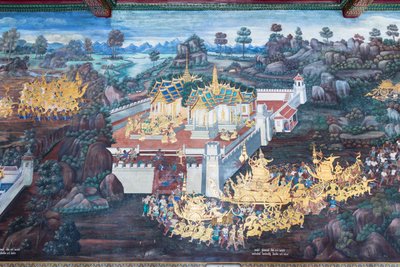 Veggmaleri som viser scener fra Ramayana ved Wat Phra Kaeo, Royal Grand Palace, Bangkok, Thailand av Thai School