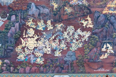 Veggmaleri som viser scener fra Ramayana ved Wat Phra Kaeo, Royal Grand Palace, Bangkok, Thailand av Thai School
