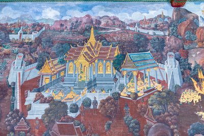 Veggmaleri som viser scener fra Ramayana ved Wat Phra Kaeo, Royal Grand Palace, Bangkok, Thailand av Thai School