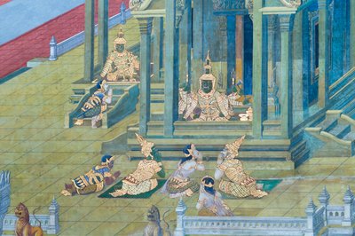 Veggmaleri som viser scener fra Ramayana ved Wat Phra Kaeo, Royal Grand Palace, Bangkok, Thailand av Thai School