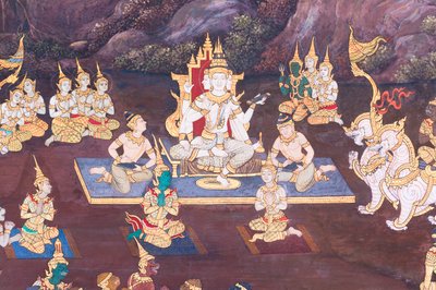Veggmaleri som viser scener fra Ramayana ved Wat Phra Kaeo, Royal Grand Palace, Bangkok, Thailand av Thai School