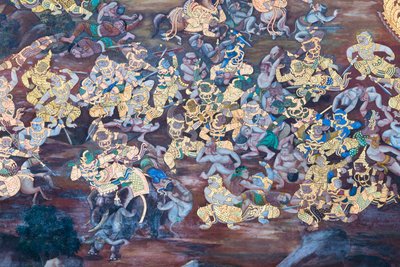 Veggmaleri som viser scener fra Ramayana ved Wat Phra Kaeo, Royal Grand Palace, Bangkok, Thailand av Thai School