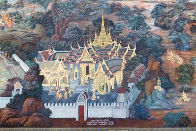 Veggmaleri som viser scener fra Ramayana ved Wat Phra Kaeo, Royal Grand Palace, Bangkok, Thailand av Thai School