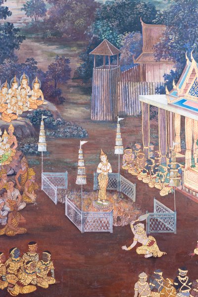 Veggmaleri som viser scener fra Ramayana ved Wat Phra Kaeo, Royal Grand Palace, Bangkok, Thailand av Thai School
