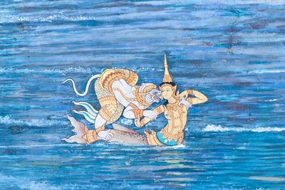 Veggmaleri som viser scener fra Ramayana ved Wat Phra Kaeo, Royal Grand Palace, Bangkok, Thailand av Thai School